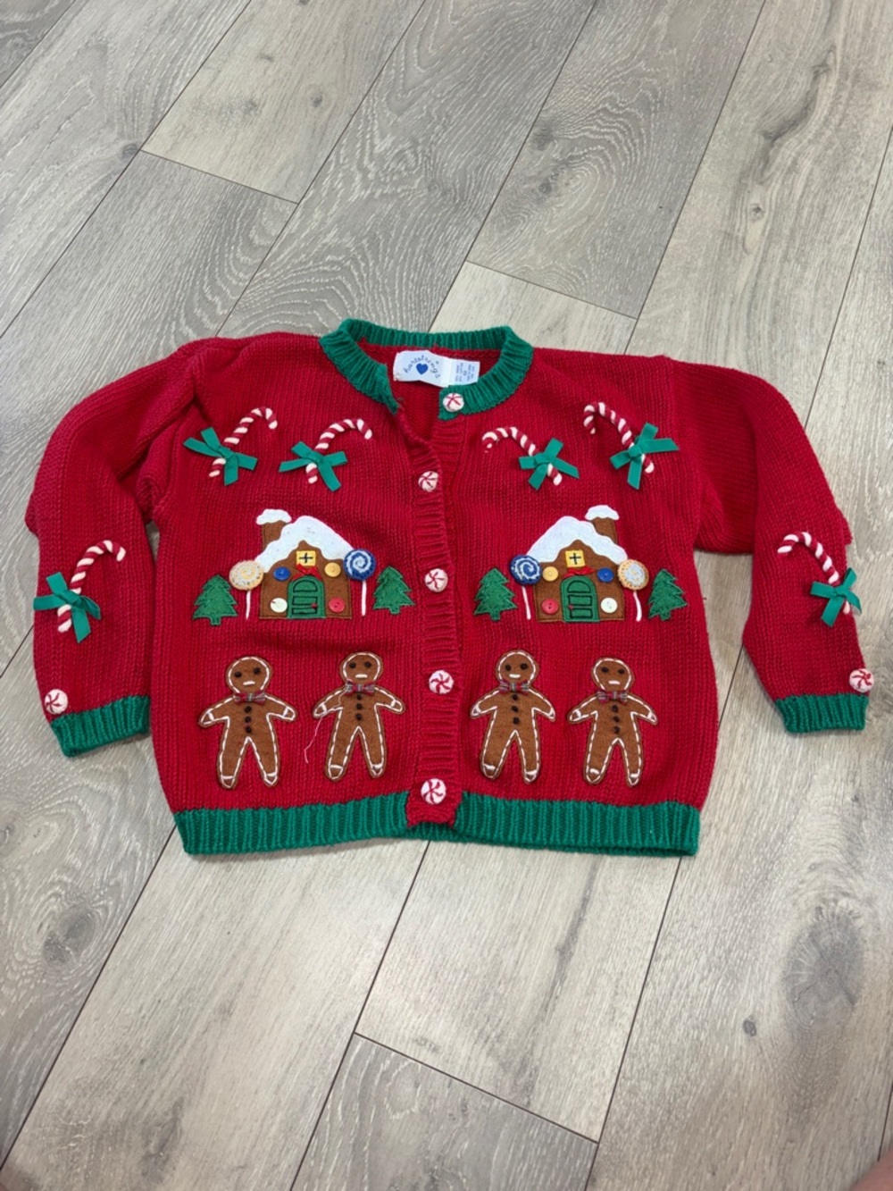 Hartstrings Red Knit Holiday Cardigan with Green Trim